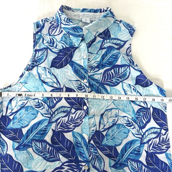 Sigrid Olsen Sleeveless Linen Tunic Top Short Dress ~Small~ Blue Leaves Tropical - Picture 10 of 13